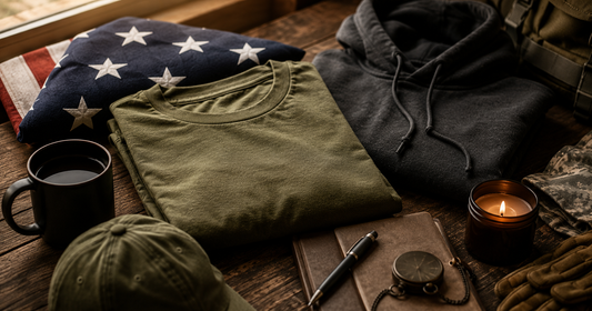 Army retirement gift ideas including apparel, a mug, and a candle