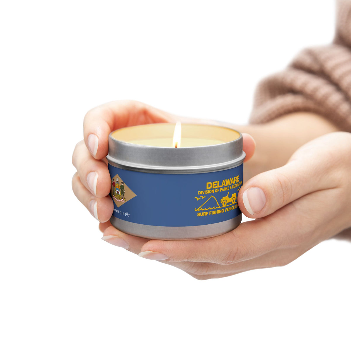 Delaware State Flag Tin Candle – Coastal Surf & Sand Scent