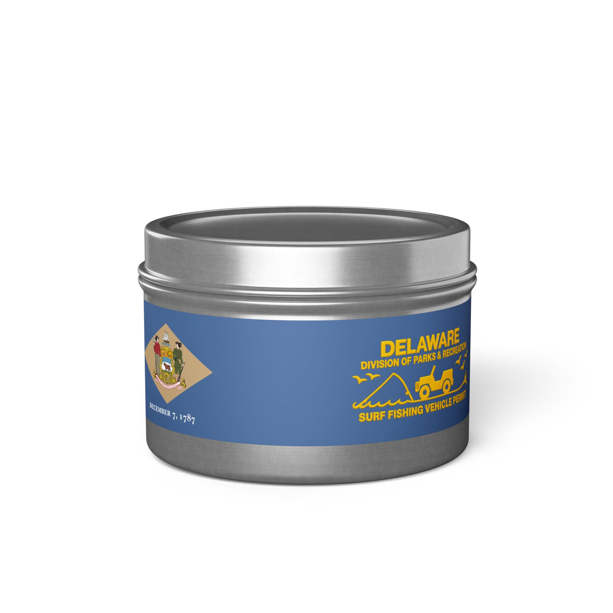 Delaware State Flag Tin Candle – Coastal Surf & Sand Scent